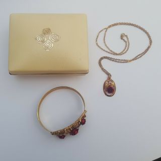 Vintage H Samuel Gold & Enamel Red Rose Bangle Bracelet & Pendant On Chain & Box