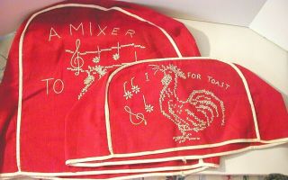 Vtg Toaster And Mixer Cover Cross Stitch Rooster Crow Red Music Embroidery Mcm