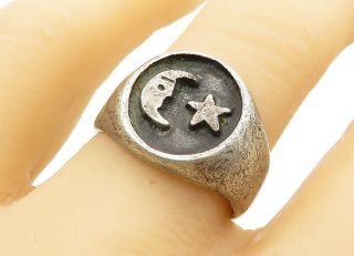 Mexico 925 Silver - Vintage Crescent Moon Face & Star Band Ring Sz 8 - R12738