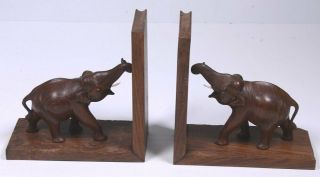 Vintage Hand Carved Wooden Elephant With Raised Trunks Bookends 8 " H X 6 " W