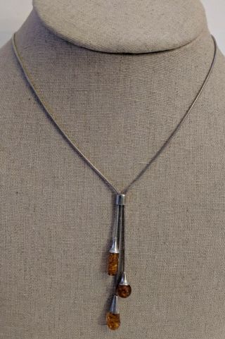 Vintage Sterling Silver Necklace With Unique Amber Pendants