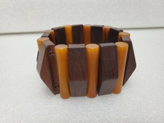Vintage Orange Butterscotch Bakelite And Wood Stretch Bangle Bracelet