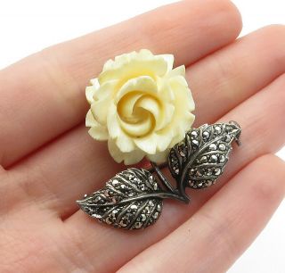 Germany 925 Silver - Vintage Sculpted Shell Flower Sparkling Brooch Pin - Bp4599