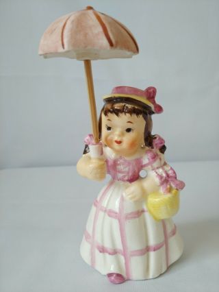 Rare Vtg Napco? Girl W/umbrella Salt Pepper Shakers Pink Dress Yellow Hat Cute