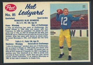 Vintage 1962 Post Cfl Football Card 85 Hal Ledyard Winnipeg Blue Bombers Ex/mt