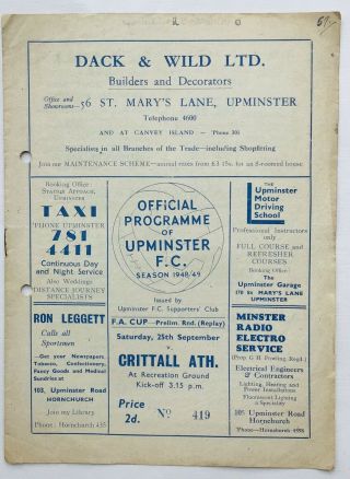 Vintage 1948 F.  A.  Cup Upminster Fc V Crittall Athletic Fc Official Programme