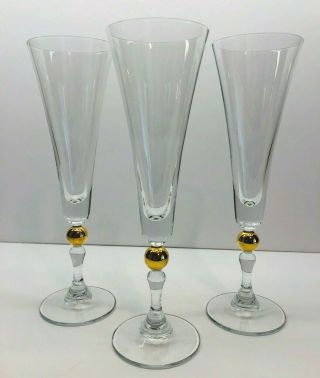 Vintage Set Of 3 Glass Champagne Flutes With Gold Ball Stems 9.  25 " Tall