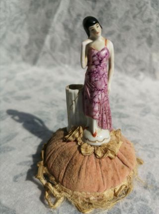 Flapper Girl Art Deco Pin Antique German Bisque Pin Cushion Sewing Vintage