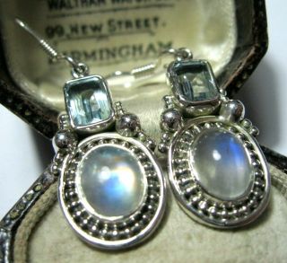 Vintage Style Sterling Silver Real Moonstone Blue Topaz Gem Stone Drop Earrings