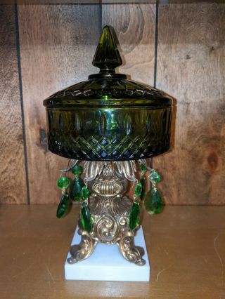 Vintage Green Diamond Glass Compote Covered Candy Dish Mantel Luster Prisms