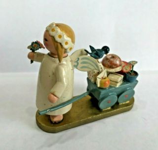 Vtg Expertic Girl Angel W Cart Christmas Ornament Mini Figure Wooden Germany Gdr