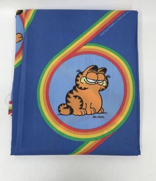 Vintage 1978 Garfield Full Flat Top Sheet Rainbows Blue Nwot