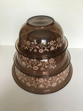 Set Of 3 Vintage Pyrex " Friendship " Clear,  Brown,  Amber Nesting Mixing Bowls