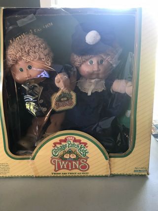 1985 Vintage Cabbage Patch Twins Girl And Boy Blond And Green,  One With Pacifier