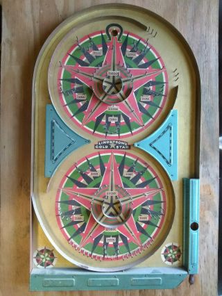Lindstrom`s Gold Star Pin Game Antique Table Top Pinball Vintage Tin Wood Toy