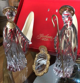 Vtg Gorham Crystal & Gold 3 Piece Holy Family Nativity Set Box