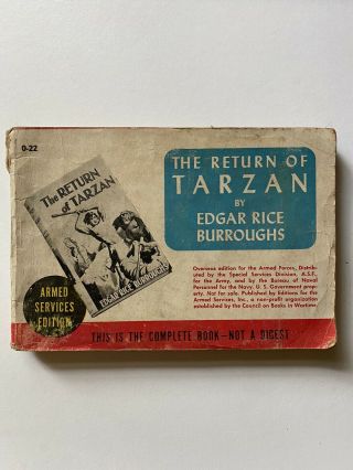 Armed Services Edition - The Return Of Tarzan Edgar Rice Burroughs - Very Scarce