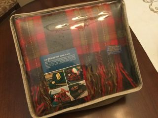 VTG Pendelton Blanket 100 WOOL RED Plaid w/FRINGE 52” X 70” Made in USA 2