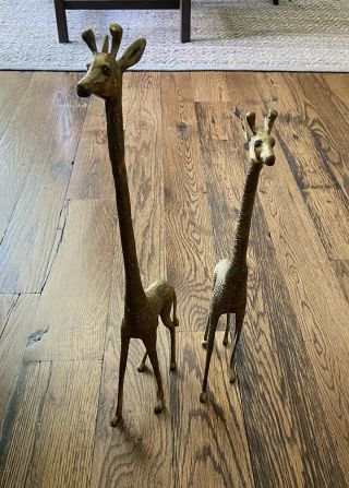 Vintage Large (2) Brass Giraffe Figurines Pair 17” And 21”