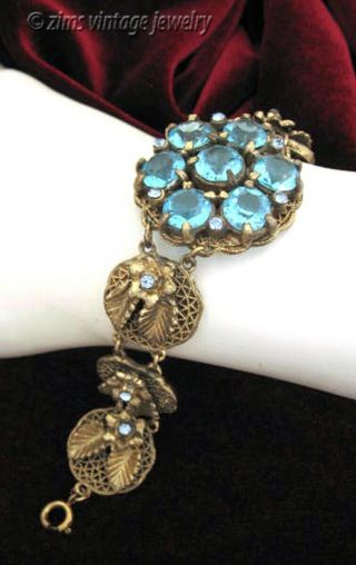 Vintage Art Deco Aqua Blue Rhinestone Floral Gold Filigree Leaf Link Bracelet