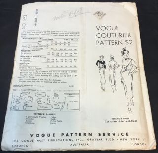 Vintage 1950 VOGUE Couturier Design Dress Sewing Pattern - Bust 40 Hip 43 553 3