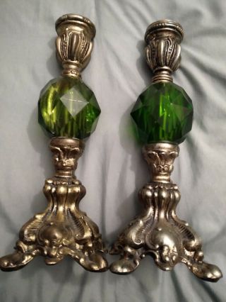 Two 10 " Vintage Brass And Green Crystal Candlestick Holders Halloween Decor Home