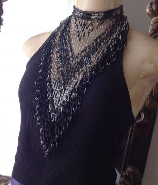 Vintage Choker Necklace Extravagant Massive Long Glass Black Beaded Fringe Bib