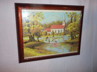 Vintage Mid Century Pbn Paint By Number Country Church Craft House Framed Glass