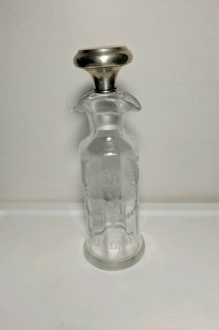 Vintage Victorian Etched Glass Oil & Vinegar Bottle W/ Sterling Silver Stopper