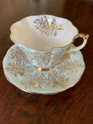 Vintage Queen Anne English Bone China Blue Gold Gilt Tea Cup & Saucer