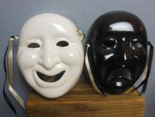 Vintage Ceramic Masks Set Of 2 Asahi Taiwan Comedy And Tragedy 6.  25 "