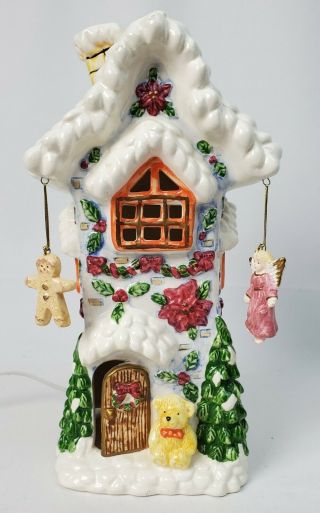 Vtg Ceramic Christmas Electric Light Up Snow Covered House Trees Gingerbread Man
