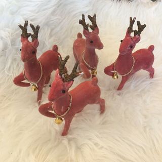 4 Vintage Pink? Red? Flocked Reindeer Gold Glitter Jingle Bell Necklace 7 "