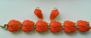 Vintage Signed Lisner Orange Molded Thermoset Leaf Bracelet Earring Set