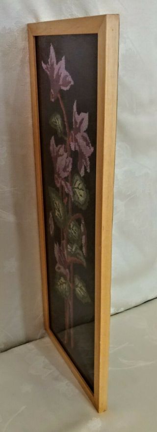 Vintage MCM Crewel Needle Work Framed Art Purple Floral,  Green Leaves & Black 2