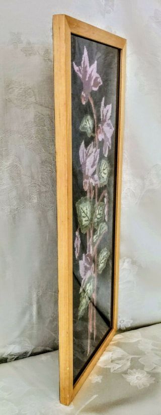Vintage MCM Crewel Needle Work Framed Art Purple Floral,  Green Leaves & Black 3