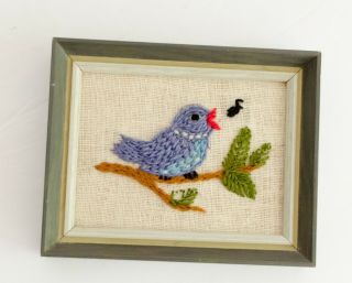 Vintage Framed Needlepoint Finished Picture Blue Bird Songbird Nursery Embroid