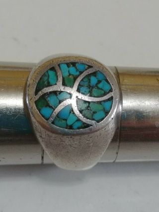 Vintage Southwestern Old Pawn Sterling Silver Inlaid Turquoise Ring Size 11 1/4,