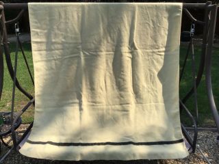 Vintage Canadian Ayers Wool Blanket (Cream with Black Stripe) 80” X 58” 2
