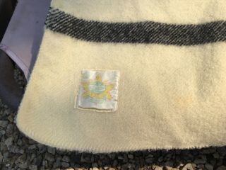 Vintage Canadian Ayers Wool Blanket (Cream with Black Stripe) 80” X 58” 3