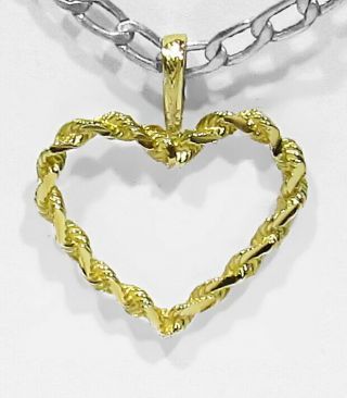 Big Vintage Artisan Signed Hand Twisted 14k Yellow Gold Chain Open Heart Pendant