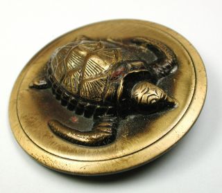 Vintage Stamped Brass Button Large Size Dimensional Sea Turtle 1 & 3/4 "