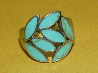 Vtg Designer Sterling Silver " 925 " W/ Turquoise Inlay Ornate Ring Size 8 Signed