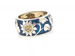 Vintage.  925 Sterling Silver 2 - Tone Cloisonné Decorative Floral Band Ring Size 7