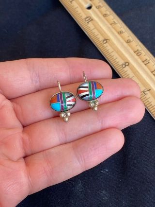 Vintage Southwest Native American Sterling Silver Turquoise Inlay Stone Earrings