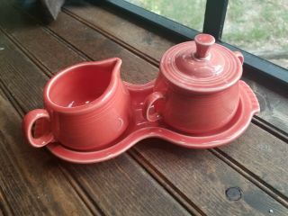 Vintage Fiestaware Discontinued Persimmon Rose/pink Sugar And Creamer And Tray