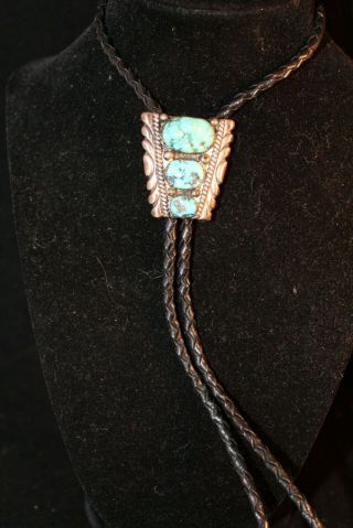 Vintage Navajo Sterling Silver Turquoise Bolo Tie,  Leather Cord Sterling Tips