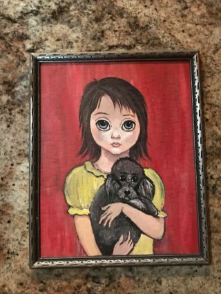 Vintage Big Eyes Girl & Dog Painting Keane ? Unsigned Framed Mcm Art