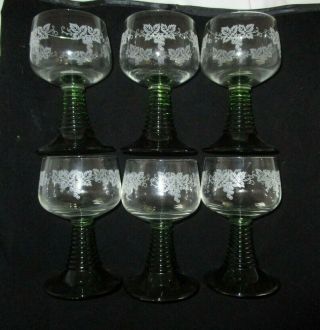 Set Of 6 Vintage Roemer Style Wine Glasses Green Stem Etched Grapes