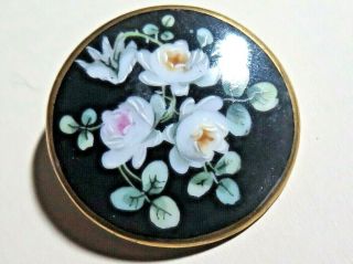 Lg Vintage Hand Painted Floral Porcelain Button - Signed & Dated Backmark